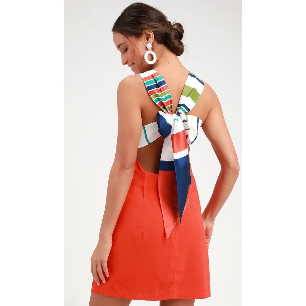 New without tags Lulus Orange Multi Stripe Tie-Back Mini Dress SZ L
